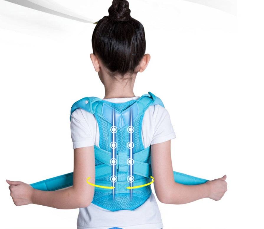 Child wearing adjustable posture corrector belt for child spine correction and kyphosis support
