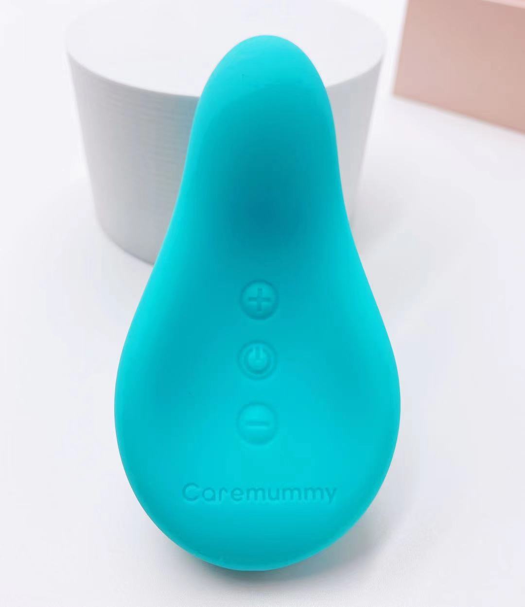 Turquoise silicone product with 'Caremummy' branding on a white background