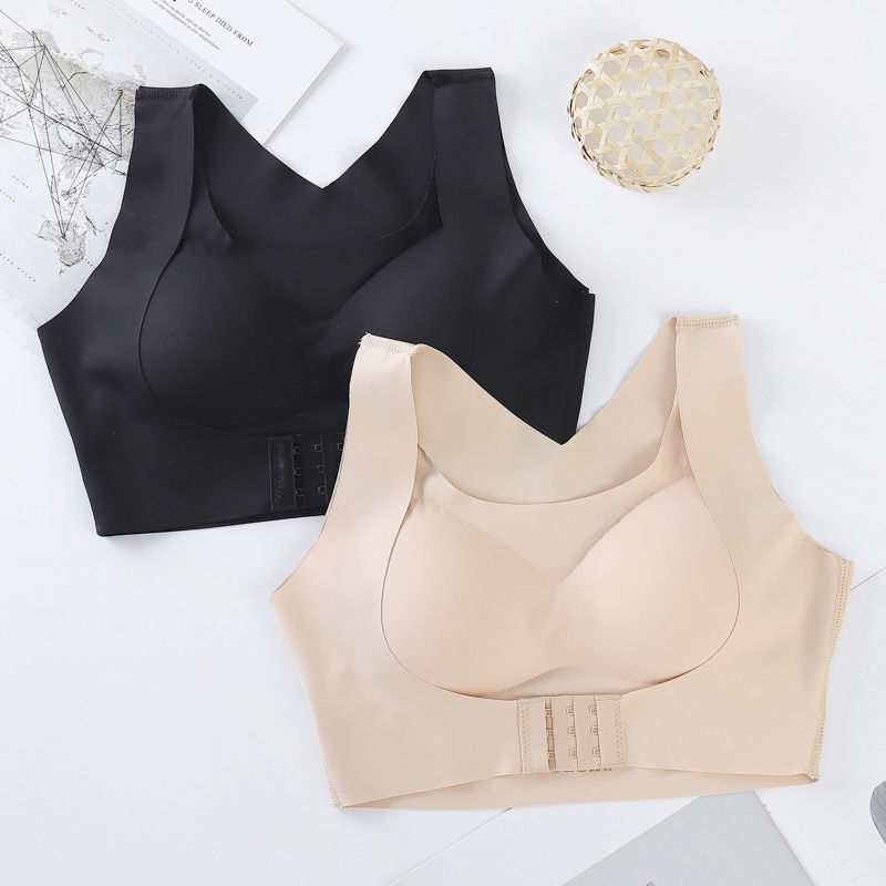 Posture Corrector Bra for Women wire-free 2-in-1 breast lifter and back support bra in black with front closure and Y-strap design