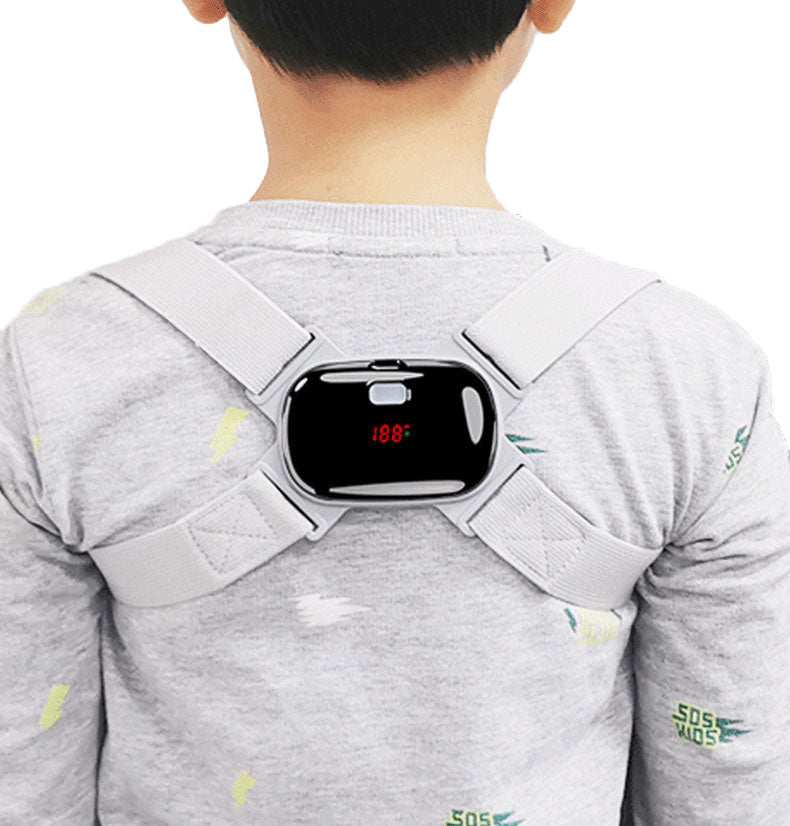Gray LCD display posture corrector with adjustable elastic straps for smart back and shoulder support