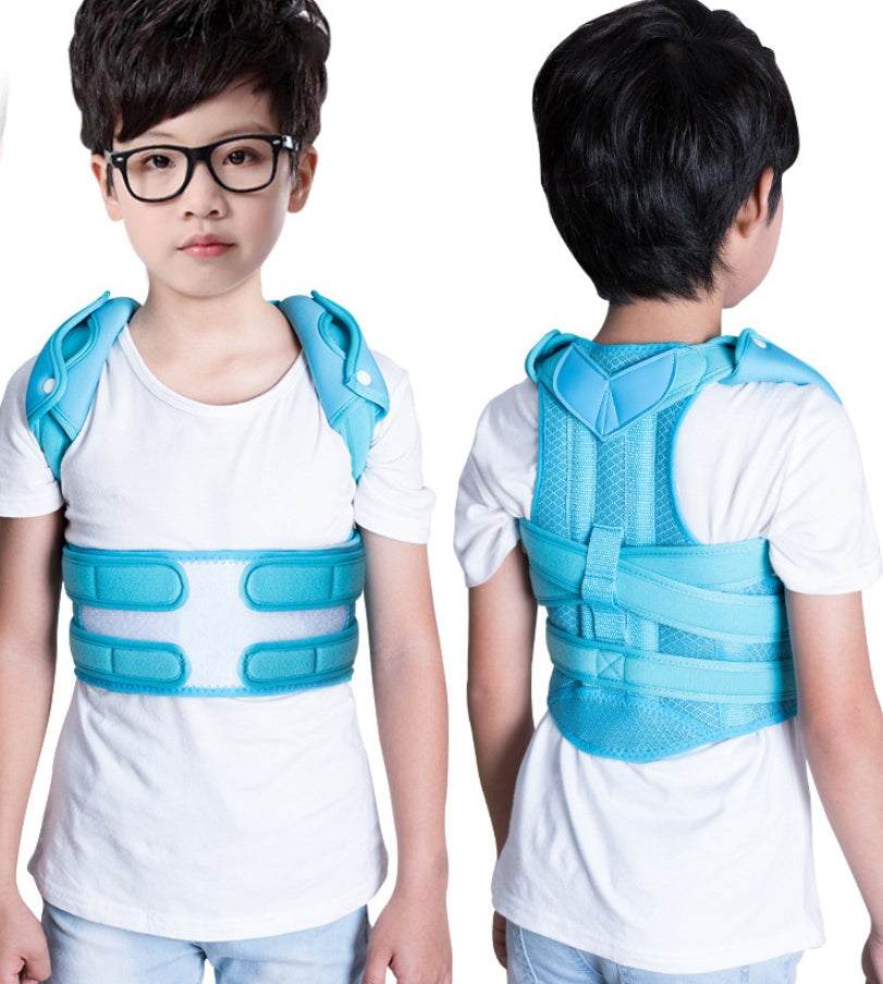 Child wearing adjustable child spine correction posture corrector belt for kyphosis and healthy posture