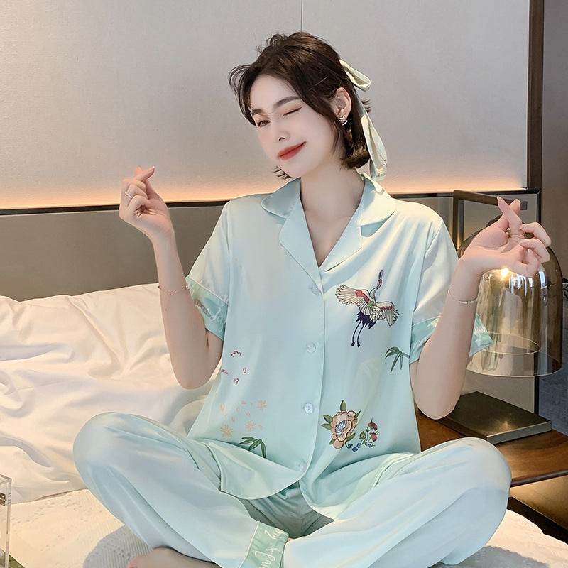 Women’s Lapel Faux Silk Pajama Set with short sleeve top and full-length pants in green and pink