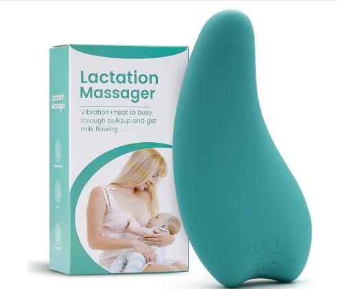 Teal lactation massager with packaging displaying a woman breastfeeding a baby.