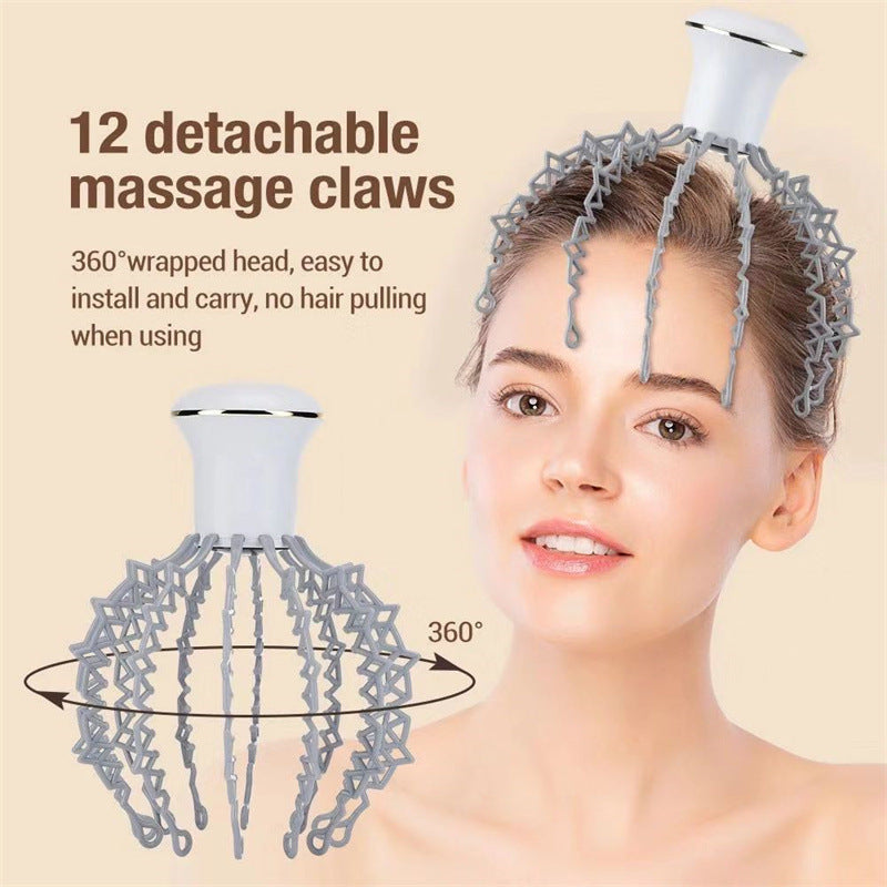 Woman wearing a scalp massager with text highlighting features on a beige background