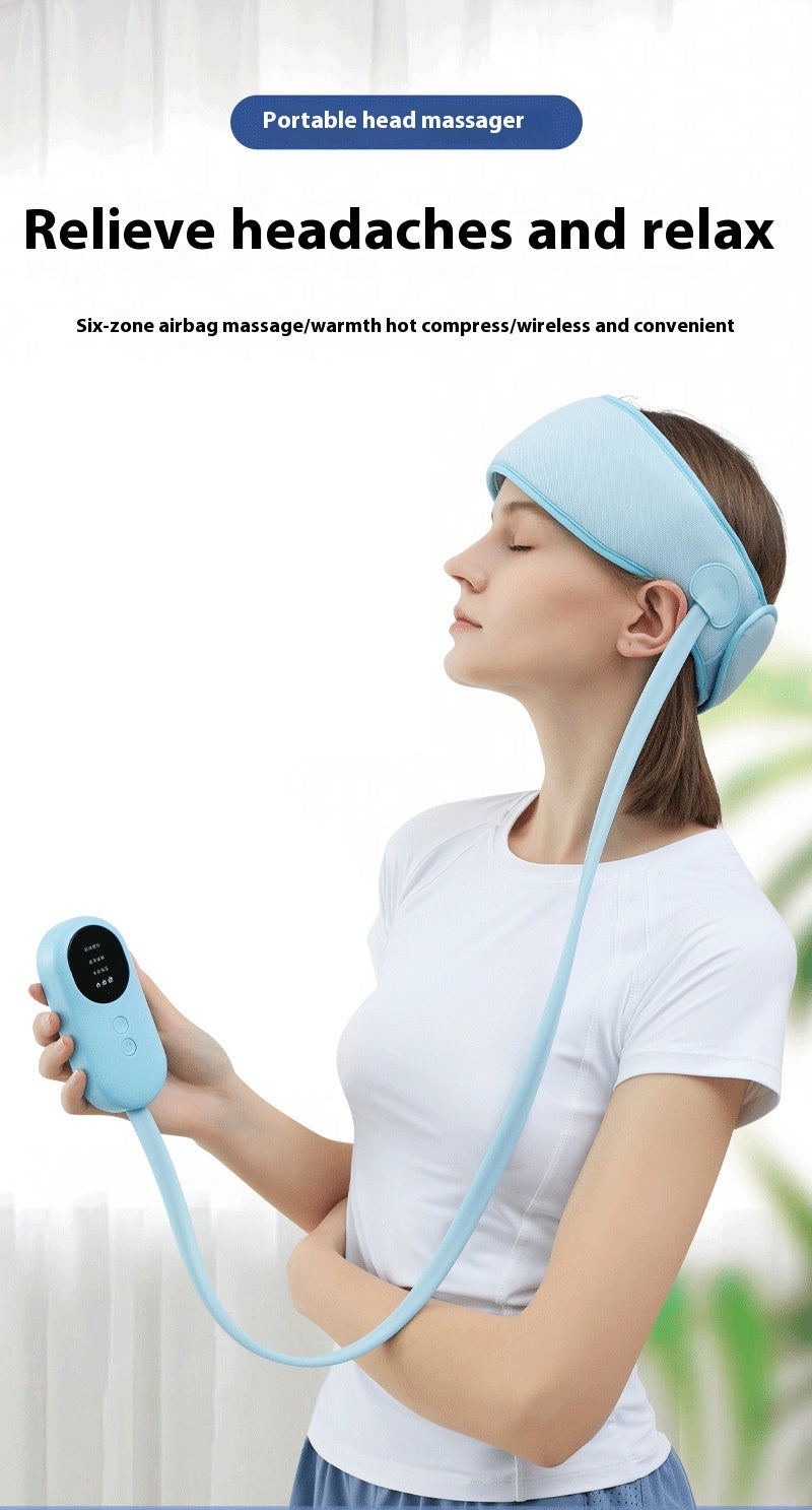 Woman wearing a portable head massager with text highlighting its features.