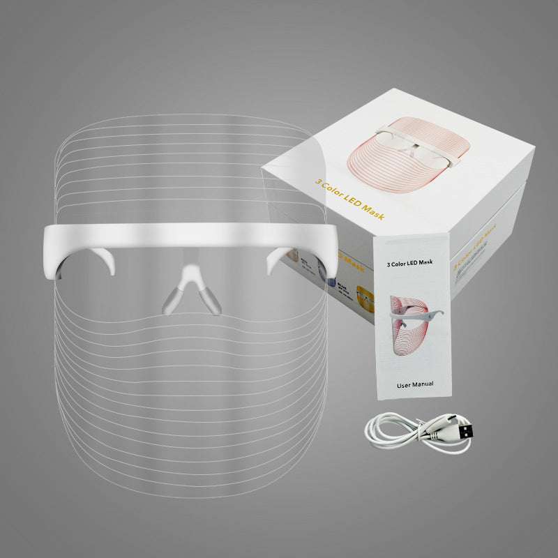 LED three-color beauty mask with green, red, and blue lights for hyperpigmentation and skin brightening therapy