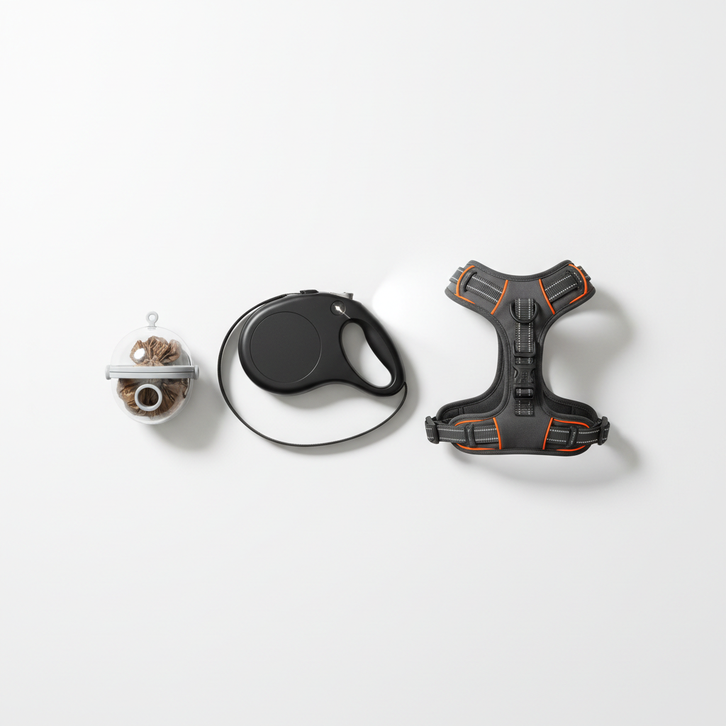 Dog outdoor walk bundle with retractable leash, harness vest, and poop bag dispenser