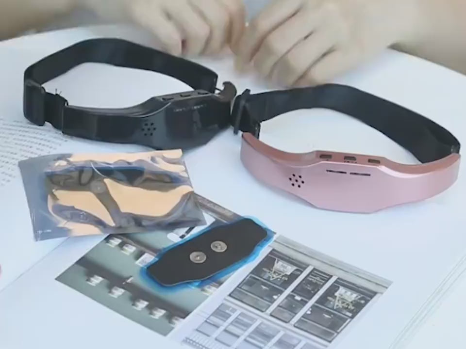 Woman wearing a pink eye mask against a white background